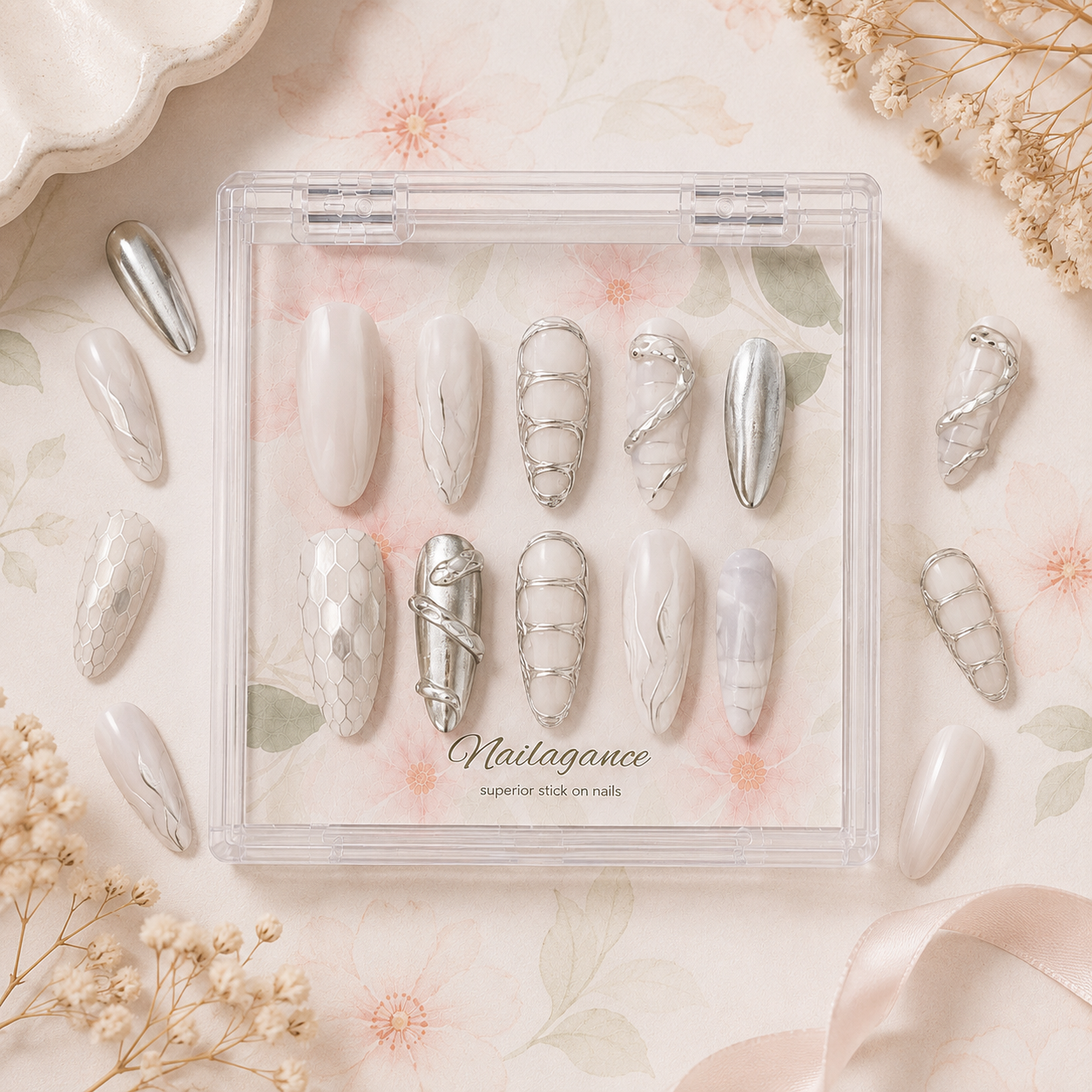 Liquid Moon -- Silver Chrome 3D Party Press-On Nails
