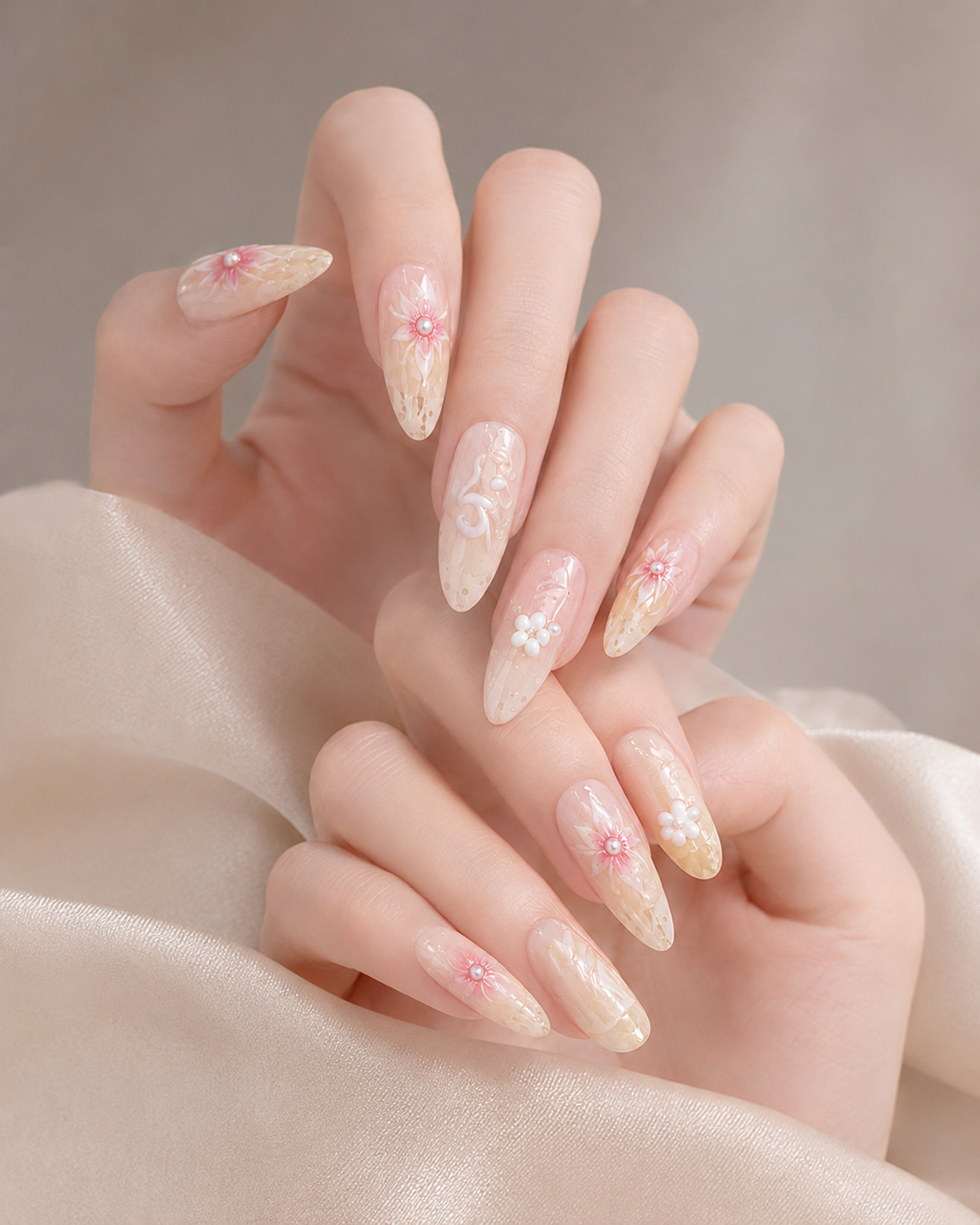 Petal Heirloom - Blush Floral Pearl Press On Nails