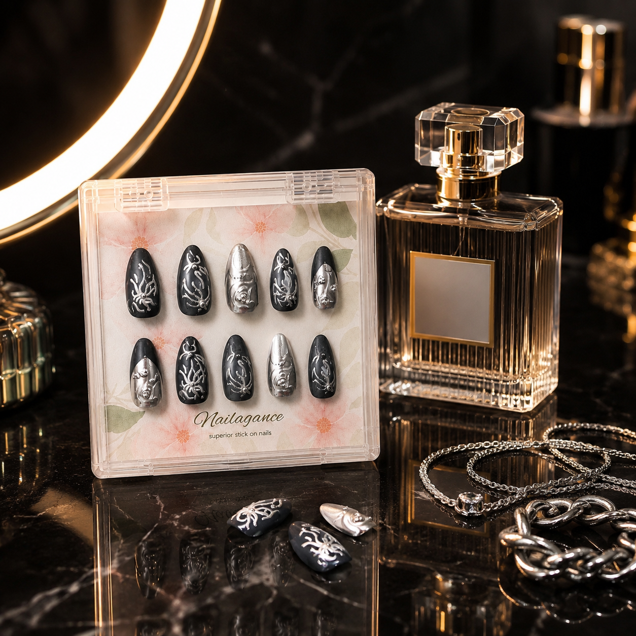 Midnight Venom -- Black Silver 3D Press On Nails