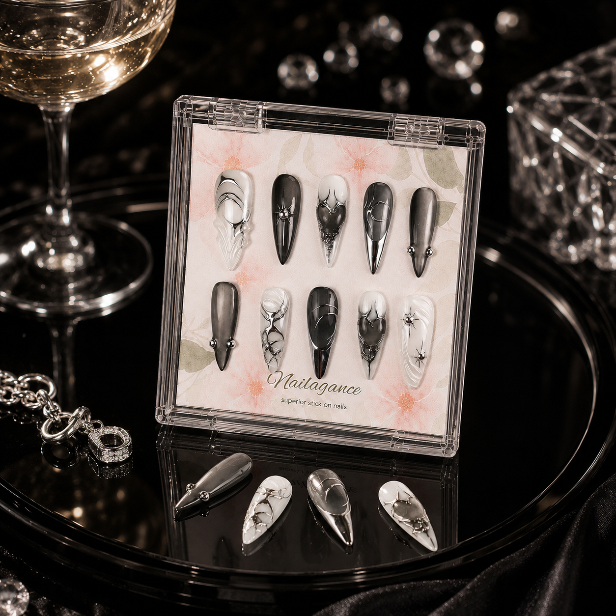 Black Tie Angel -- Black White Chrome 3D Press On Nails