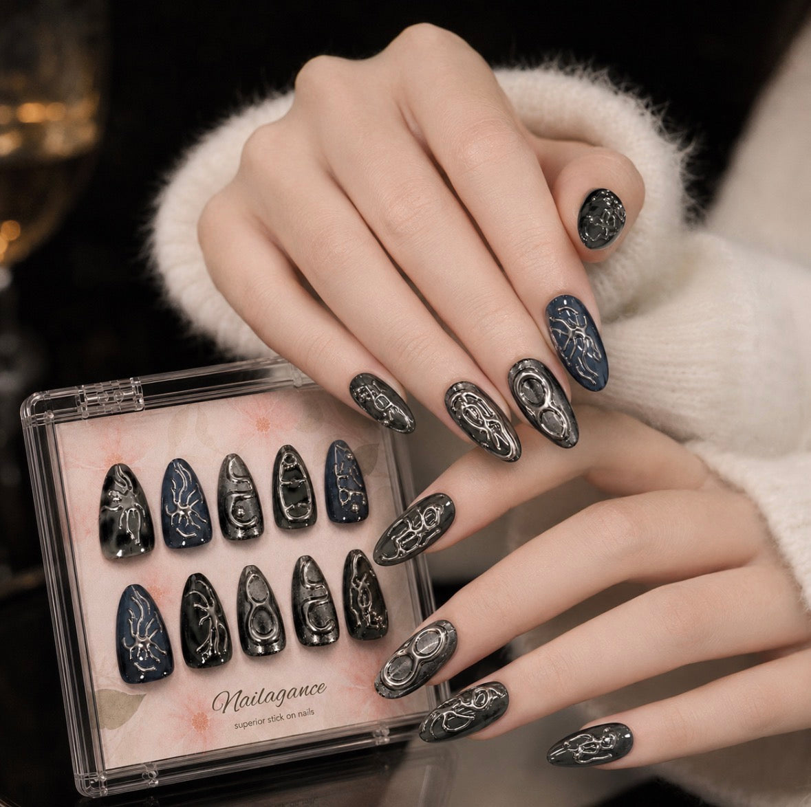 Midnight Venom - Black Silver 3D Press On Nails
